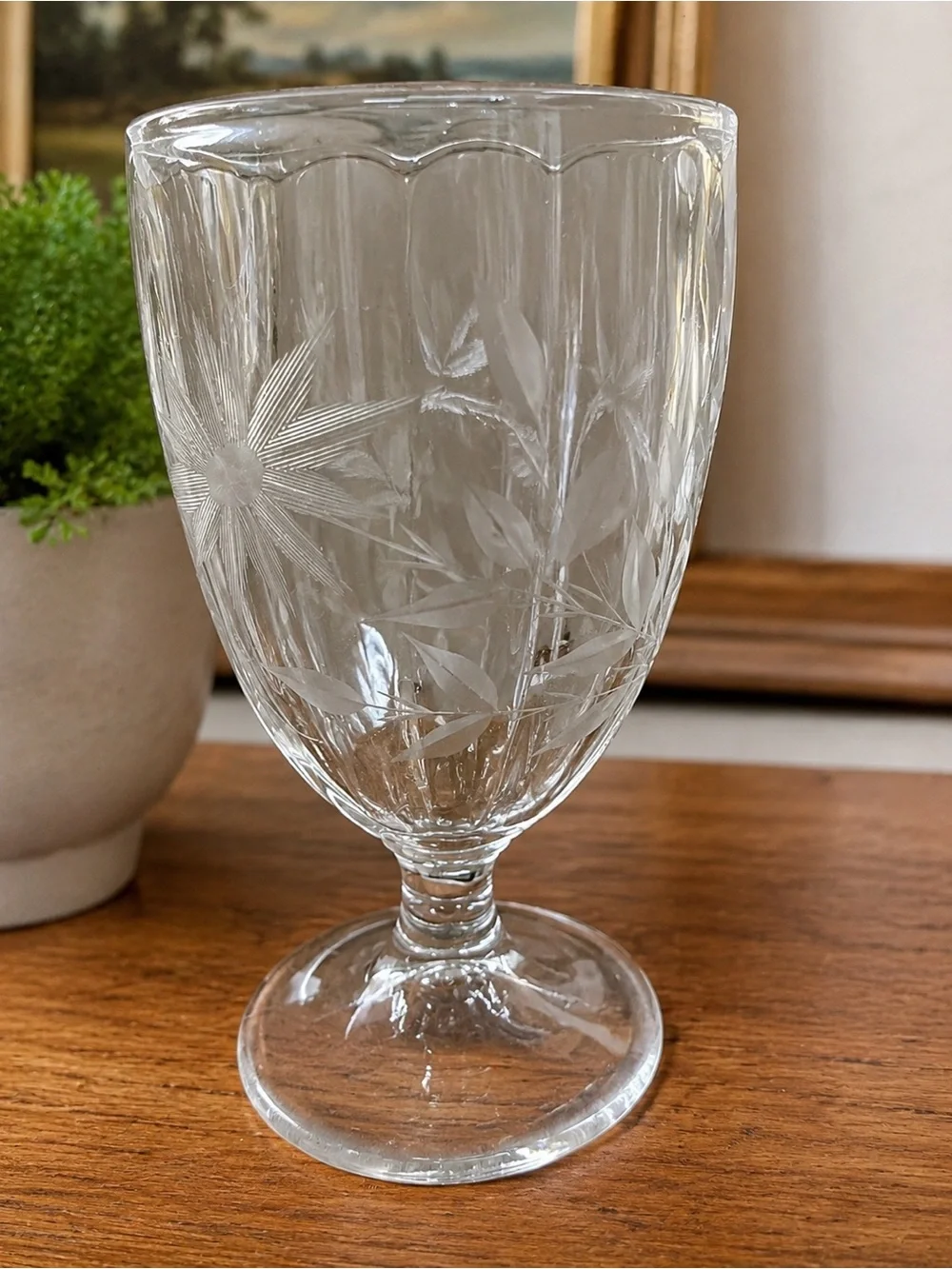 Vintage Thick Glass Footed Goblet Etched Floral Starburst Design 6 1/8”